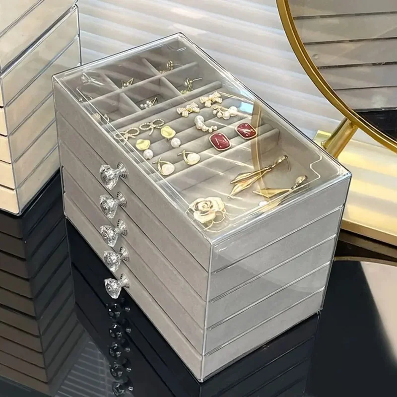 Transparent Acrylic Jewelry Storage Box with Velvet Lining, Drawer Organizer for Earrings, Rings, Necklaces & Bracelets