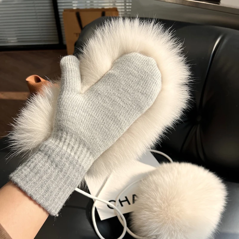 Brand New Women Genuine Woollen Fox Fur Covered Fashio Winter Gloves Mittens real fox fur luva fur glove