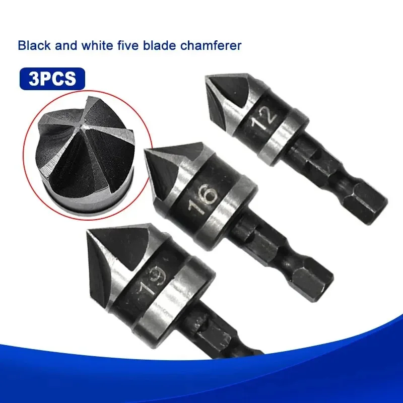 3PC Hexagonal Shank 90 Degree Black Five Blade Chamferer 12/16/19mm Countersink Drill Woodworking Hole Opener Tool Set
