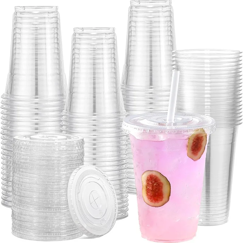 50PCS Clear Disposable Plastic Cups Flat Lids Drinking Cup for Party Wedding Ice Coffee Milkshakes Smoothies Cold Drinks