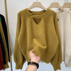 Fashion Hollow Out Button All-match Knitted Sweater Female Clothing 2023 Autumn Winter New Korean Pullovers Casual Tops