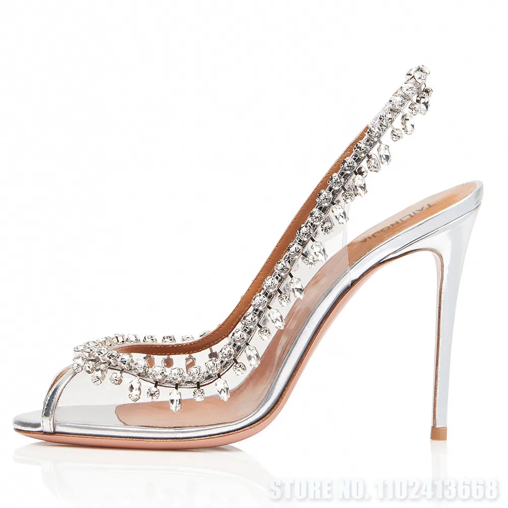 

Gorgeous Rhinestone Tassel Decoration Peep Toe Women's High Heels PVC Stiletto Sandals Concise Lady Casual Party Pumps Plus Size