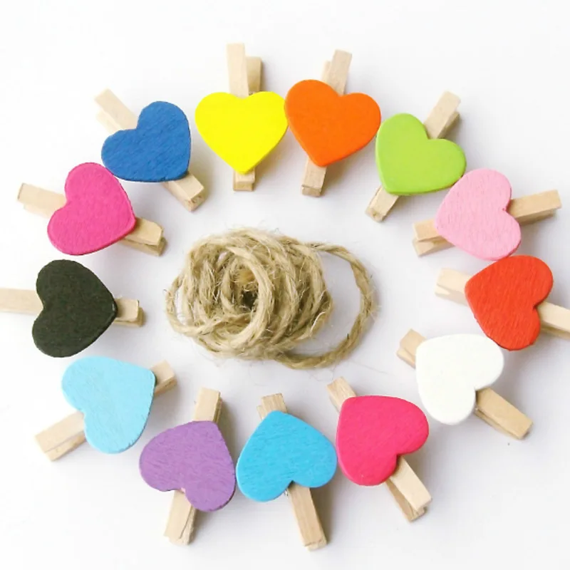 30x4mm 20pcs Wooden Colored Love Heart Photo Clips Memo Paper Peg Clothespin Stationery Christmas Wedding Party Craft Home Decor