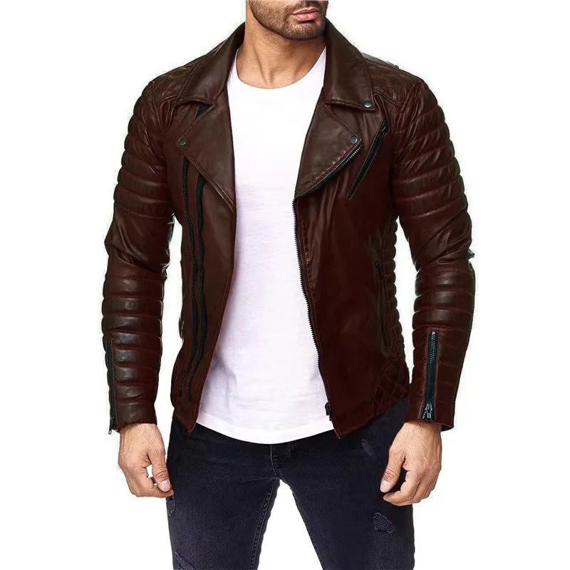 

Autumn Winter European American Men's Fashion Pressed Cotton Thickened Windproof Motorcycle Leather Jacket Large Size Lapel Coat