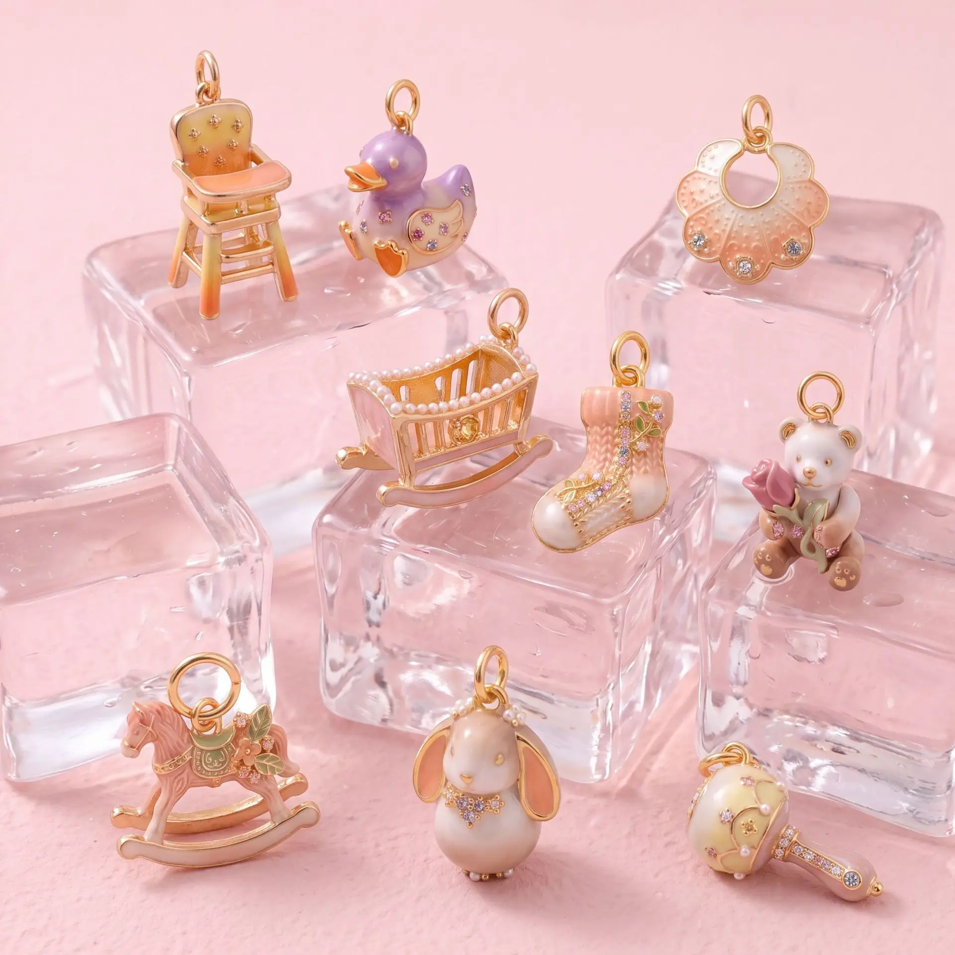 New Sweet Pink Rabbit Bear Series Pendant Stainless Steel Plate Gold Charms Antique Jewelry Making DIY Handmade Craft Wholesale