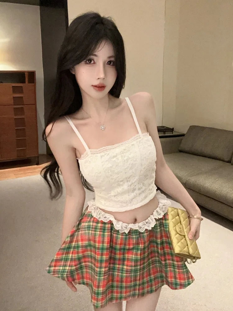 

Summer New Sexy Pure Desire Spicy Girl Lace Strap Vest Short Top Lace Trim Plaid Skirt Two Piece Set Korean Style Commute