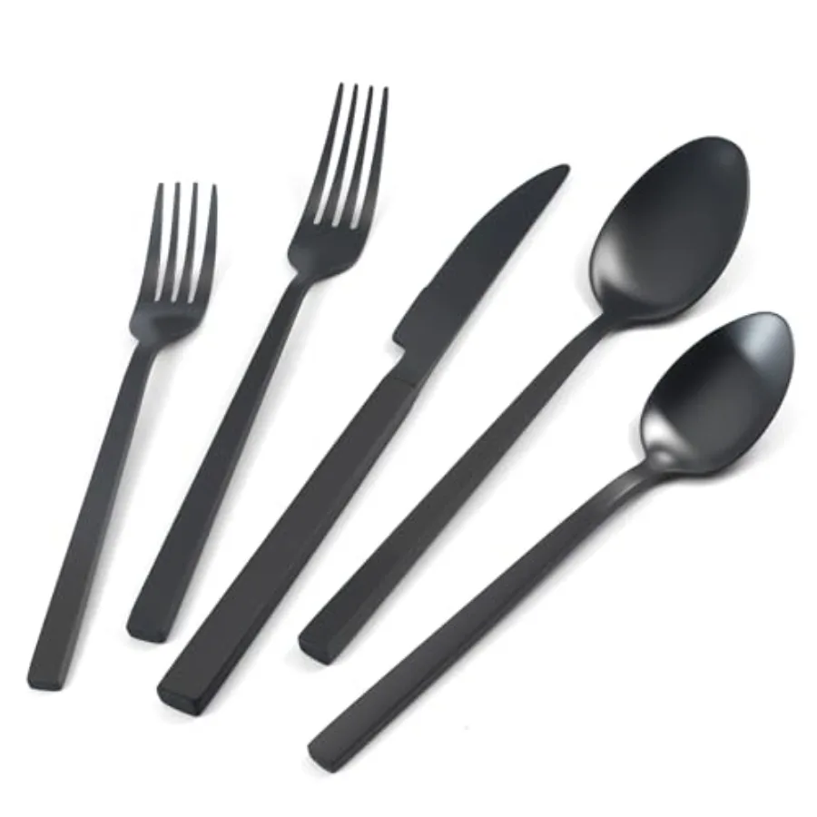 

Silverware Set 20-Piece Hand Forged 18/10 Stainless Steel Black Cutlery Matte Polished Cuboid Handle Flatware Sets for 4 People