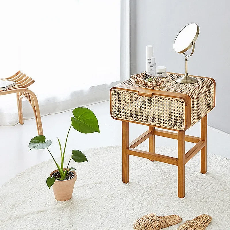 for B&B Retro Style Solid Wood Rattan Bedside Table Nordic Simple Modern Small Cabinet with Storage Space for Bedroom