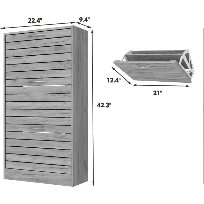 Small Shoe Cabinet with 3 Flip Drawers, Slim Shoe Storage Cabinet Shoe Organizer, Louvered Surface, No Backboard, for Entryway