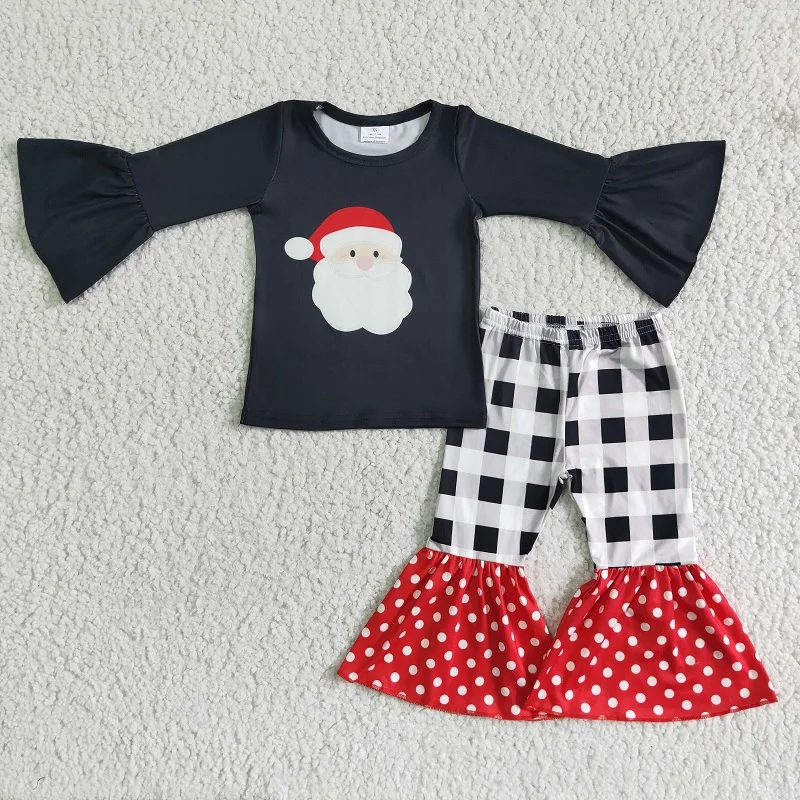 

New Spring Fall Fashion Baby Girls Christmas Santa Print Plaid Flared Trousers Boutique Wholesale Kids Children Clothing