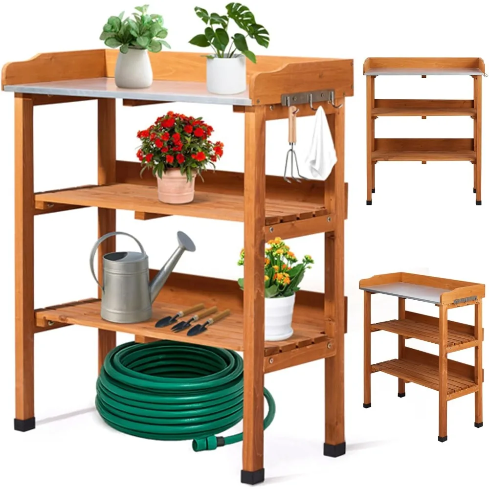 

Outdoor Potting Bench Garden Work Station, Solid Wood Planting Table w/Sink Drawer Shelves,Metal Top, Folding Patio Furniture fo