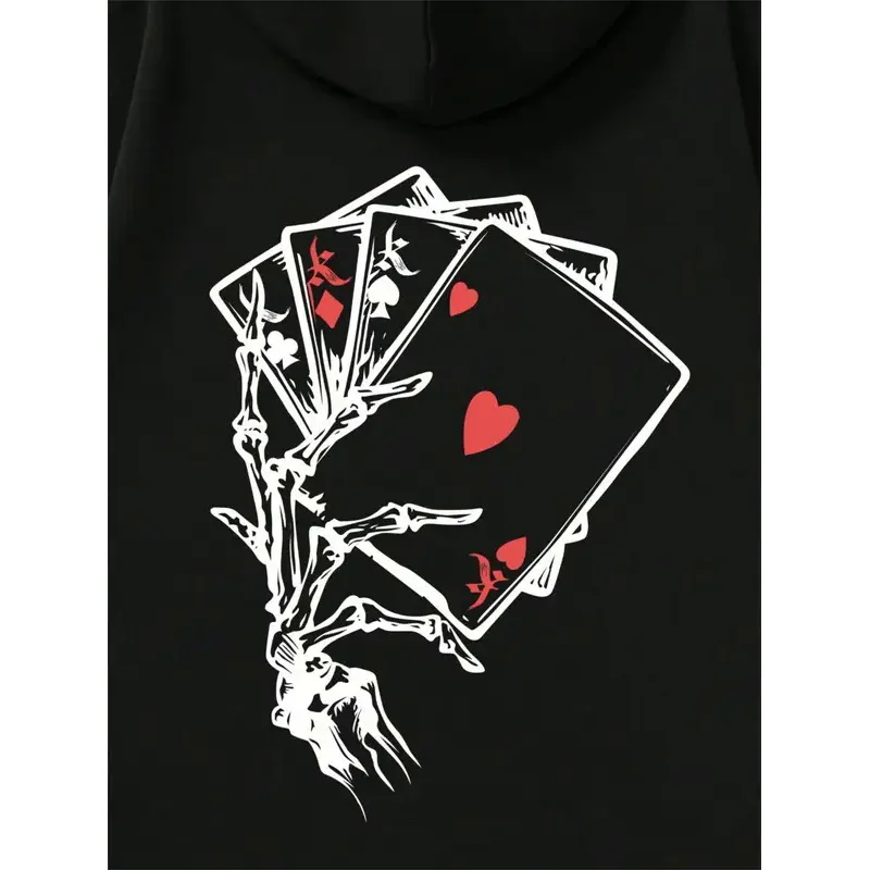 Playing Card Printing Hoodie Men Kangaroo Pocket Drawstring Pullovers Loose Fleece Warm Sweatshirts Autumn Casual Clothes