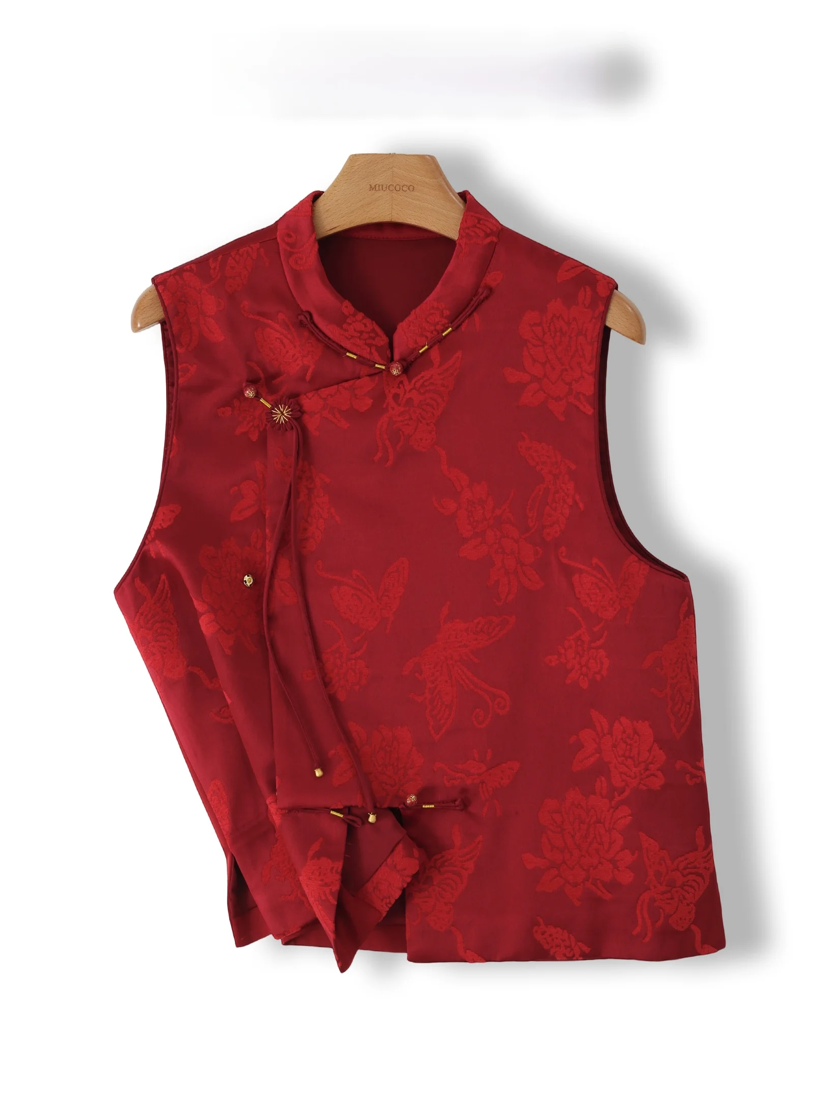 New Chinese Style Red Vest Improved  Top Women's Tang Suit Outerwear Buttoned Floral Pattern Regular Length
