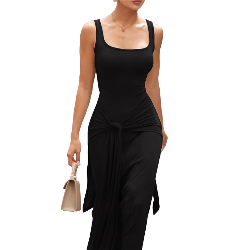 A18P-Vestido sin mangas con cuello cuadrado de verano para mujer, vestidos largos ajustados con doble forro sexy