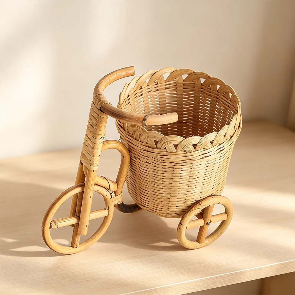 Hand Woven Rattan Bicycle Shaped Storage Basket Mini Tricycle Organizer Desktop Ornament Flower Pot Home Tabletop Decor Gift