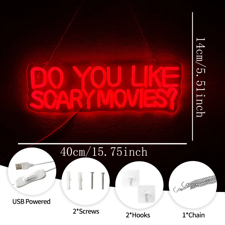 Do You Like Scary Movies LED Neon Sign USB Red Horror Neon Wall Light for Party Decor Horror Movies Room Halloween Decoration