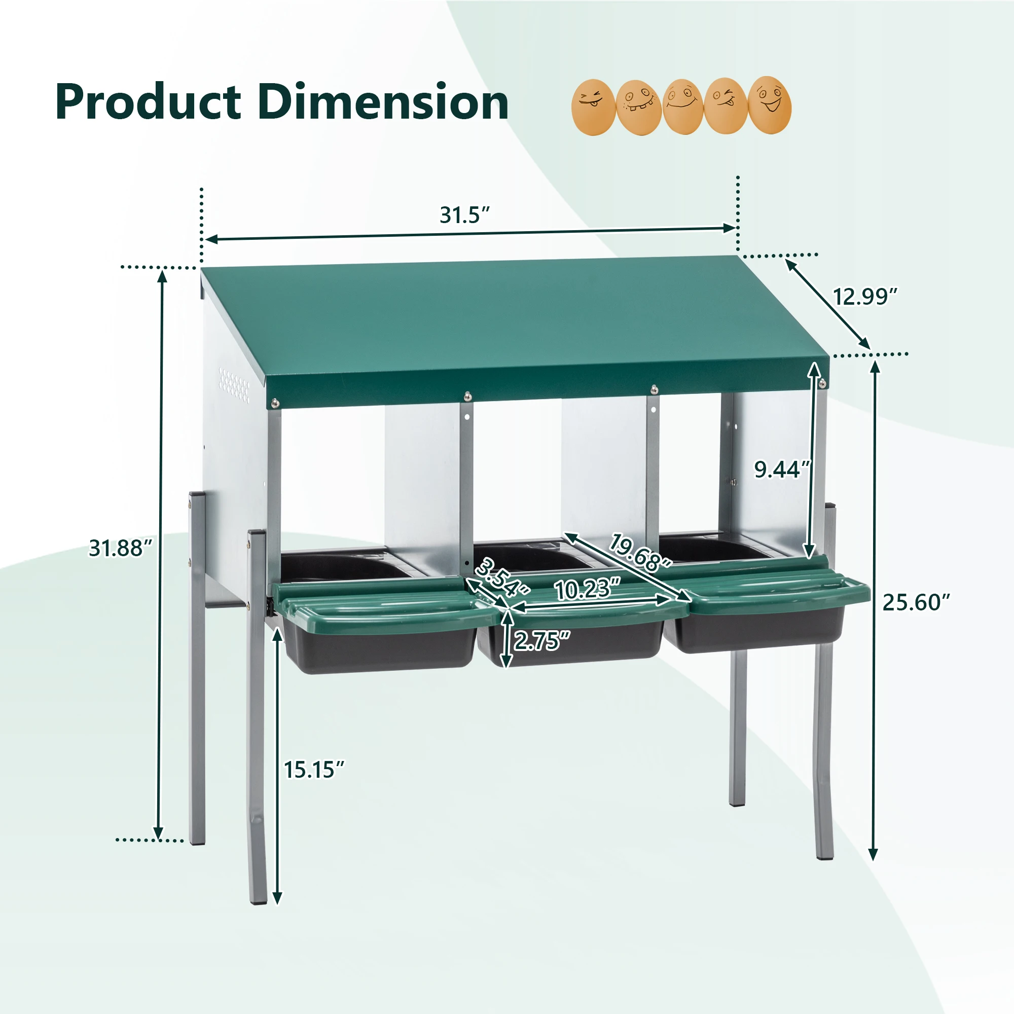 3 Hole Nesting Boxes for Chickens with Legs and Lid Cover Galvanized Steel Rollaway Egg Laying Box Outdoor Farm Poultry Coop Green