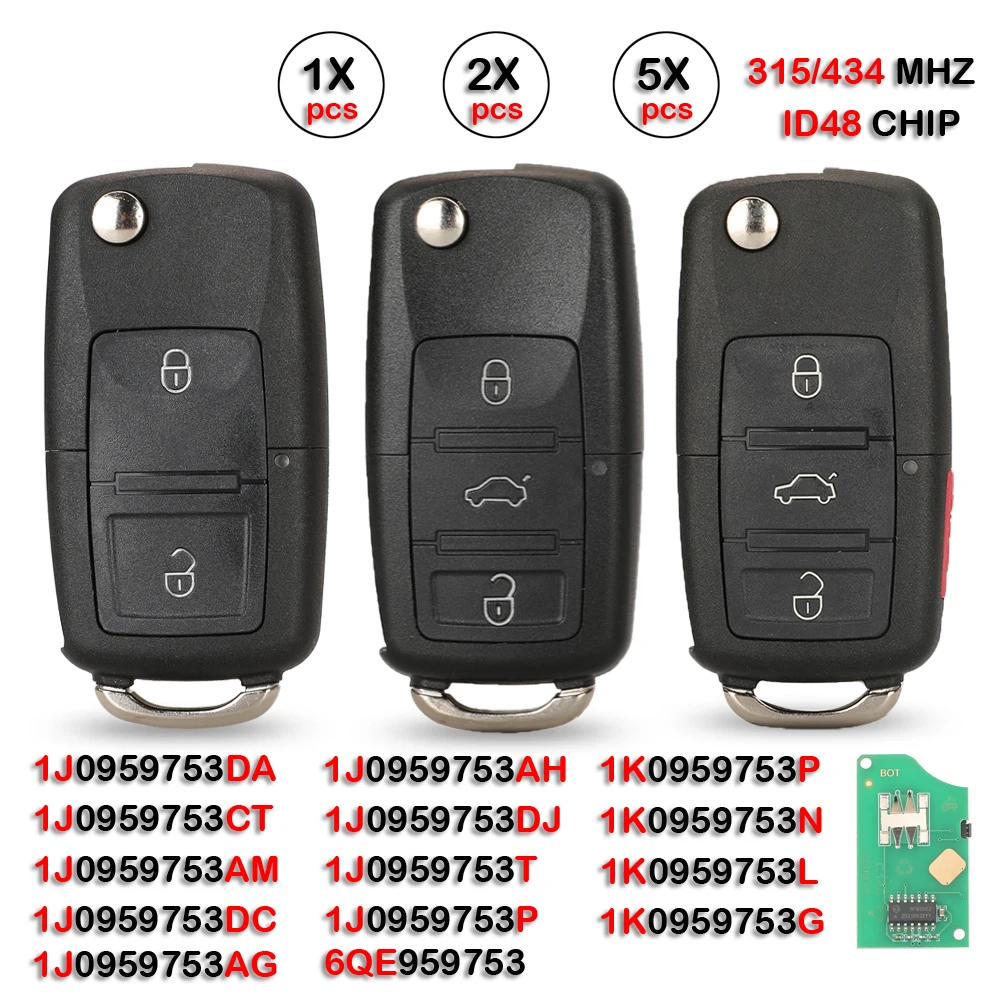 jingyuqin ID48 6QE959753 1K0959753... 1J0959753...Car Remote Key For VW Golf Passat Polo Bora Sharan Touran Leon Toledo Jetta