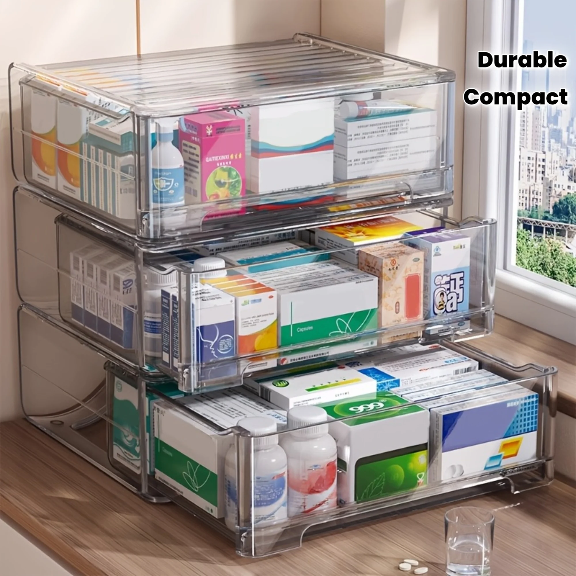 1-Piece Clear Medicine Storage Cabinet - Multi-Drawer Organizer, Ideal for The Home, Bathroom, and Kitchen - Durable Plastic,