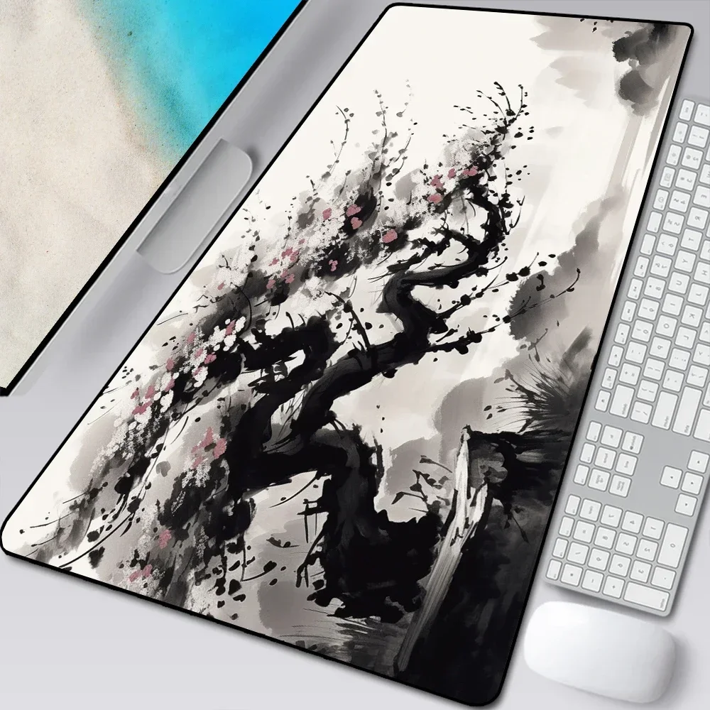 

90x40Japan Sakura black and white mouse pad non-slip wear-resistant rubber bottom with stitched edge keyboard mat for workXXL