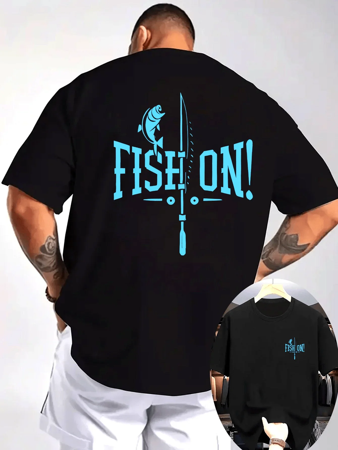 100% pure cotton summer men's short sleeved T-shirt, a must-have for fishing enthusiasts, FISH ON print for daily leisure
