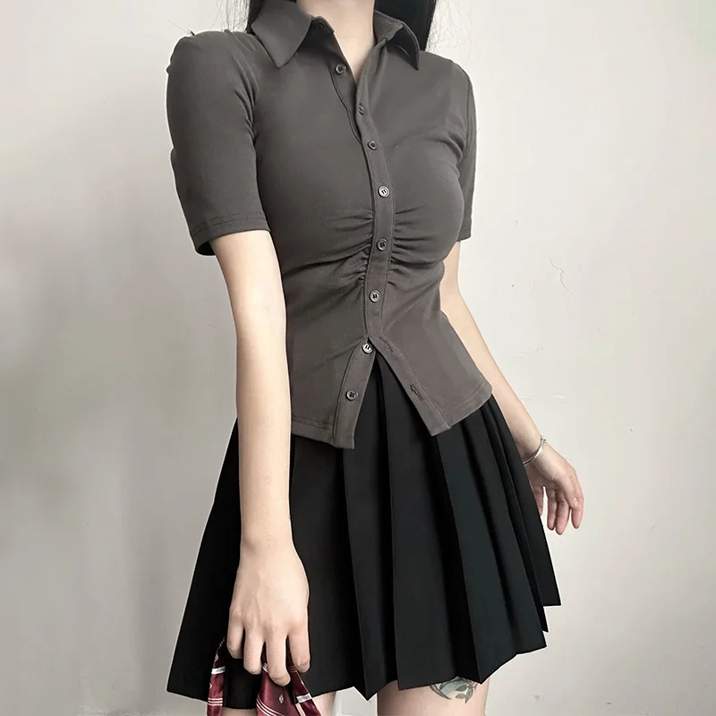 Pure Desire Style JK School Uniform Waist-cinching Shirt, Feminine Long-sleeved Grey Shirt Design, Sexy Slim-fit Top for Spring.