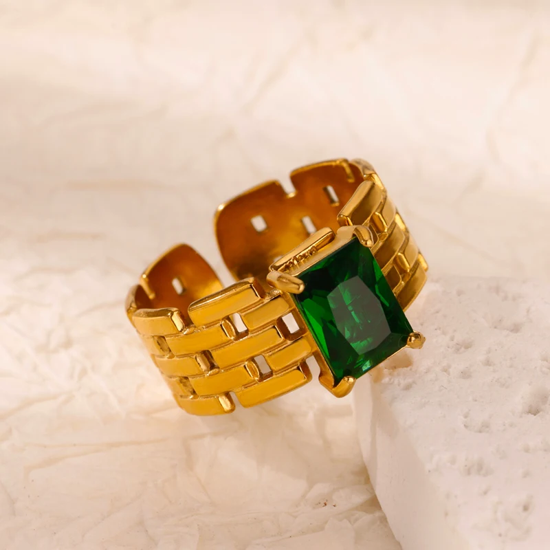 Green Square Zircon Watch Strap Rings for Women Stainless Steel Gold Color Multi Layer Adjustable Ring Aesthetic Wedding Jewelry