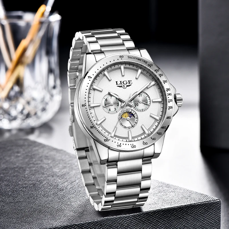 LIGE Top Brand Luxury Quartz Men's Watch Fashion Business Simple Waterproof Luminous Watches for Man Moon Phase Auto Date Clocks