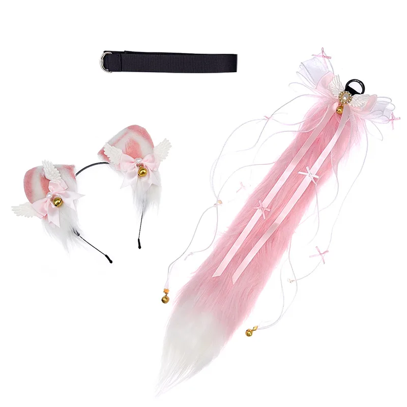 Orelha de gato bandana cauda de pelúcia antigo raposa cauda artesanal animal orelha gato cauda conjunto colar de couro masquerade, bar brinquedos de halloween