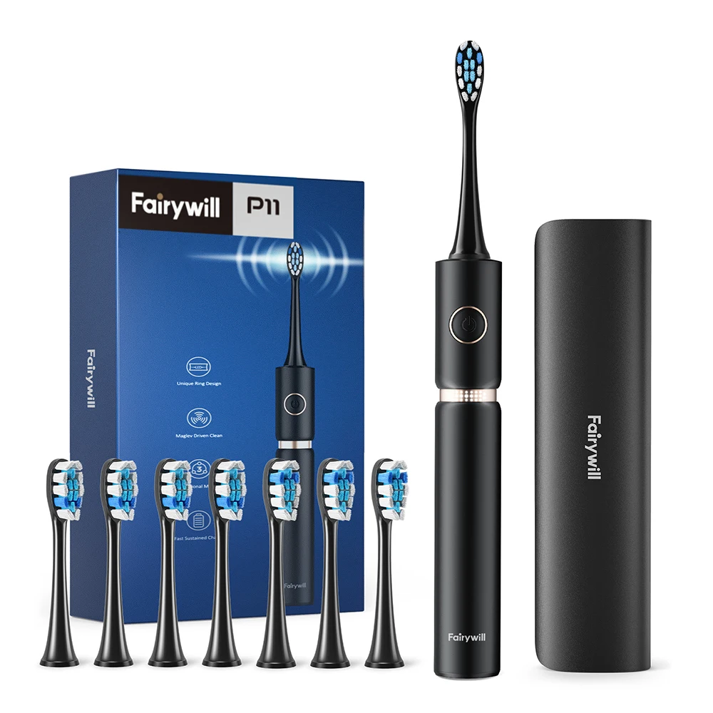 Fairywill P11 Sonic Whitening Electric Toothbrush Rechargeable USB Charger Ultra Powerful Waterproof 4 Heads and 1 Travel Case