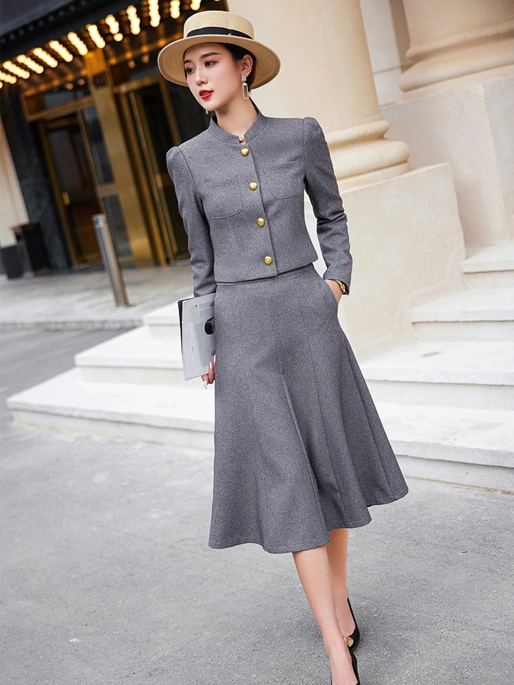 Elegant Spring Autumn Ladies Formal Skirt Suit Women Female Gray Red Green Black Long Sleeve Two Piece Set for Work Wear