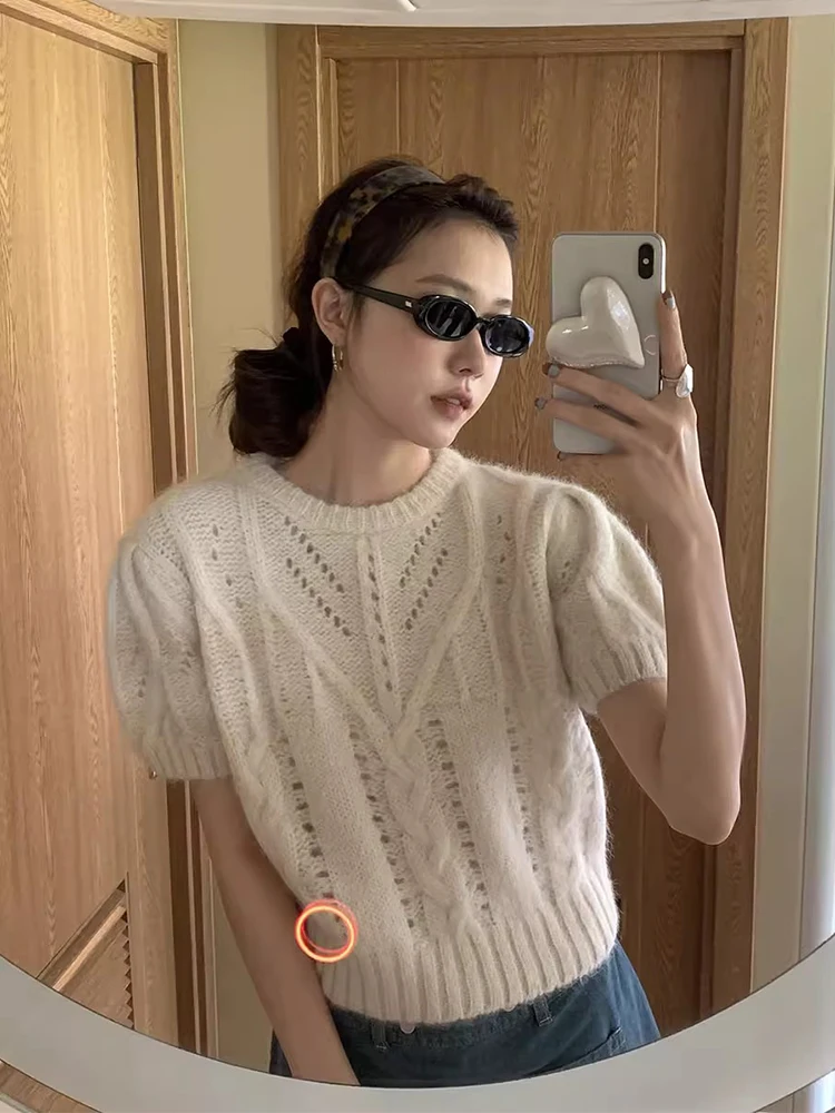 Chic rond Ne évider pull tricoté femmes bulle Sve doux confortable minceur automne nouveau Sle Faionable polyvalent
