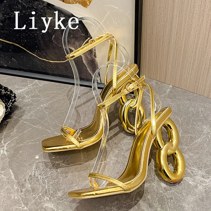 Liyke 2024 New Summer Fashion Hollow Out Strange High Heels Sandals Sexy Street Woman Square Toes Dress Party Shoes Size 35-42