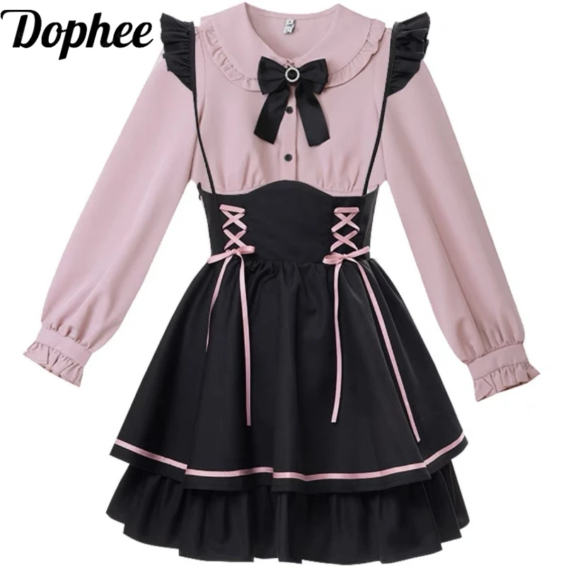 Dophee Original Japan Style Cute Bow Pink Long Sleeve Shirt Elegant Top Women Subculture Y2k High Waist Black Suspenders Skirt