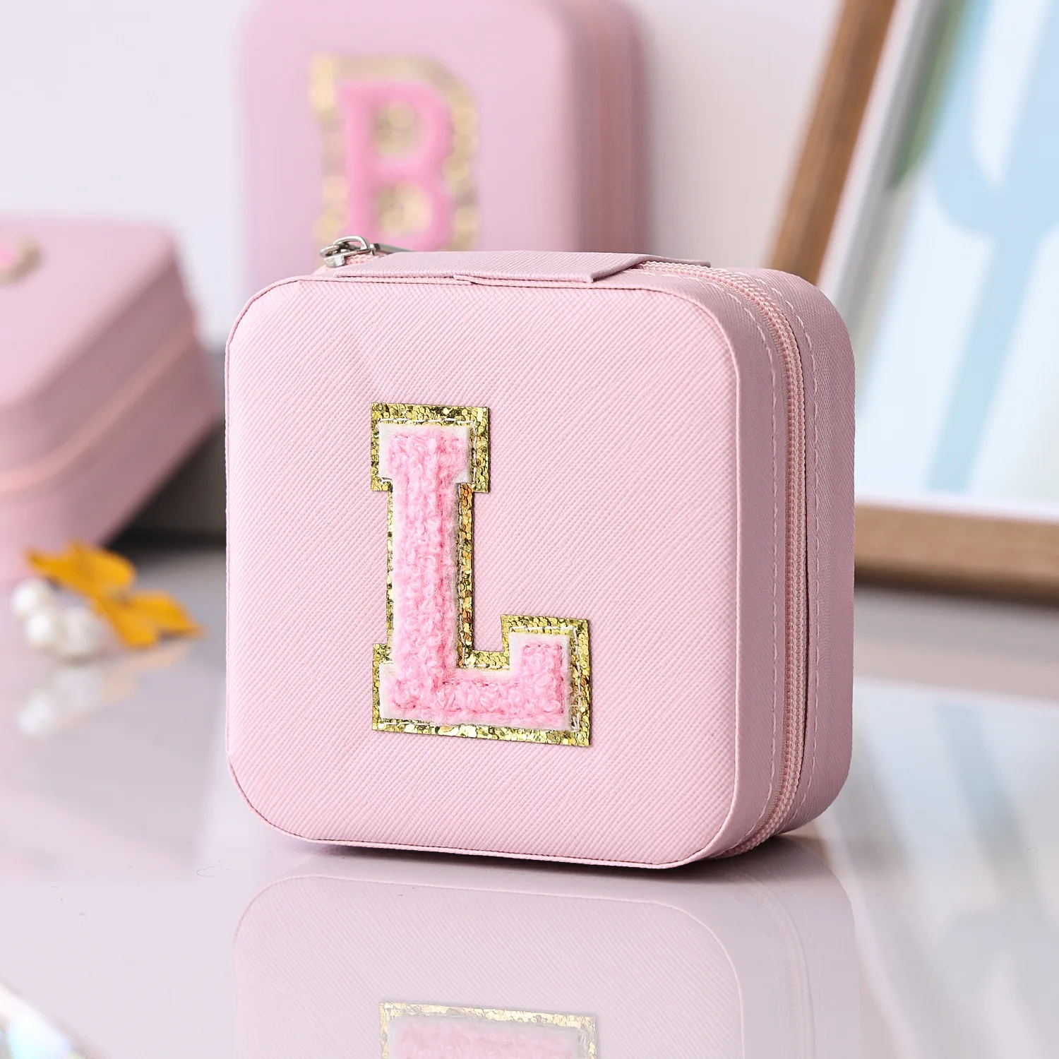 Letter Style with Mirror Simple and Delicate Portable Travel Ring Necklace Earrings Jewelry Storage Box Anti-oxidation