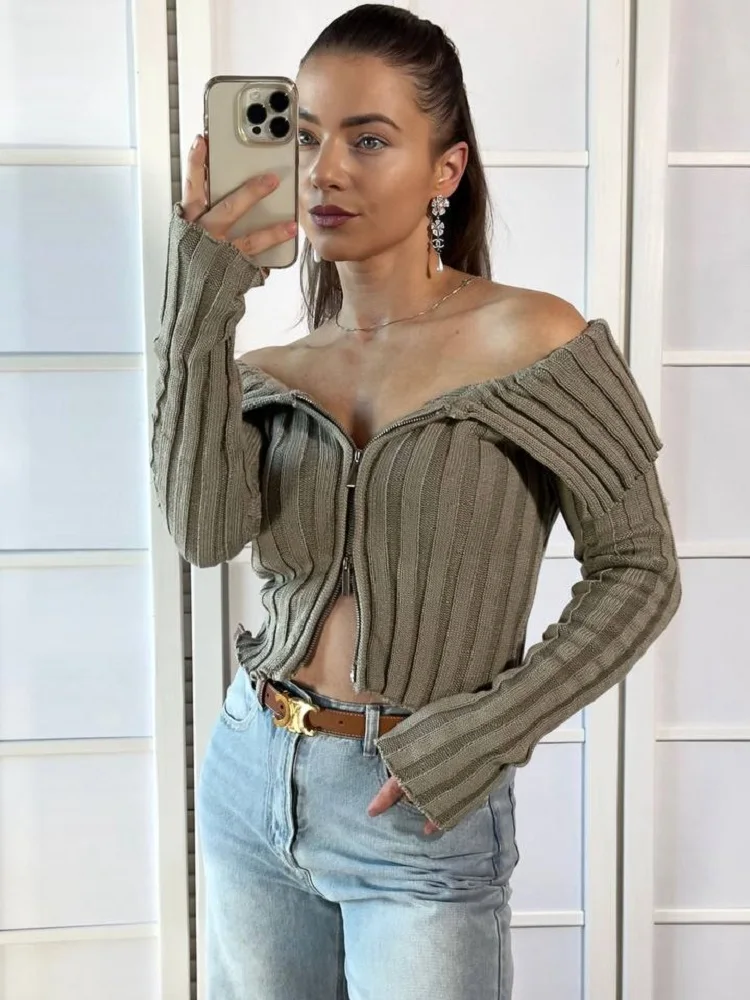 Tangada 2023 Women Off Shoulder Zipper Cardigan Sweaters Long Sleeve Female Crop Jumper BE754