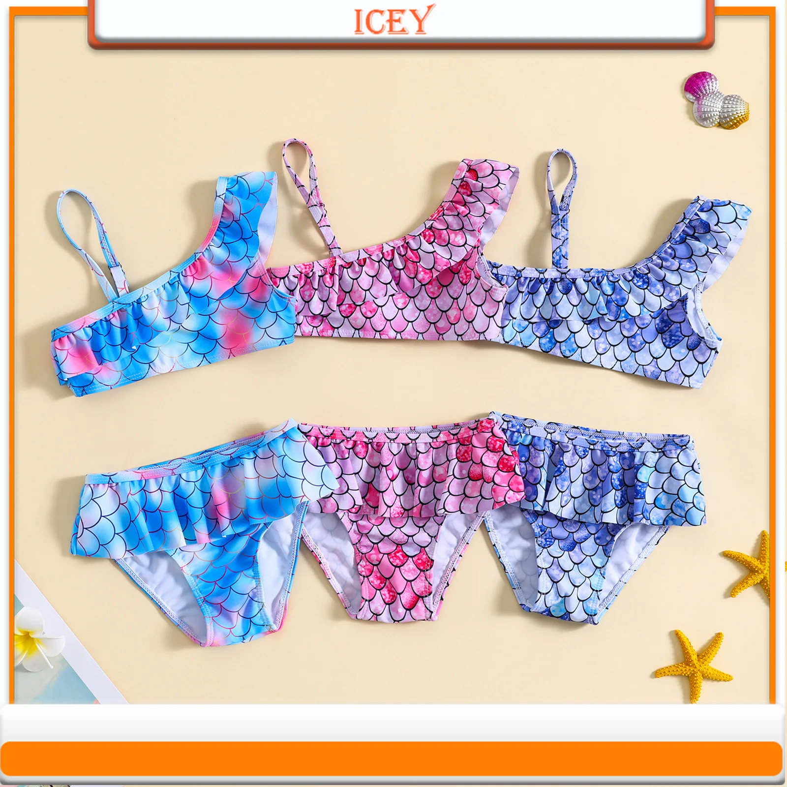 Kids Baby Girl Fish Scale Print One Shoulder Suspenders Pleated Lace Split Set Girls Swimsuit Two-Piece Suits