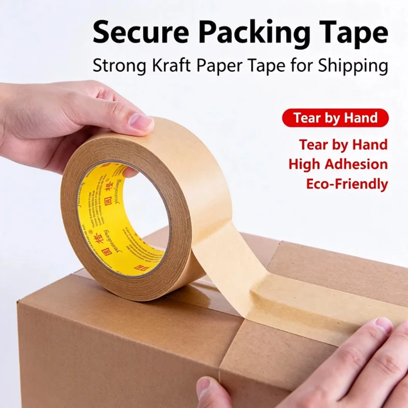 Eco‑Friendly Kraft Paper Tape Heavy Duty Strong Glue Hand‑Tearable Paper Tape for Shipping Carton Sealing Packaging Supplies