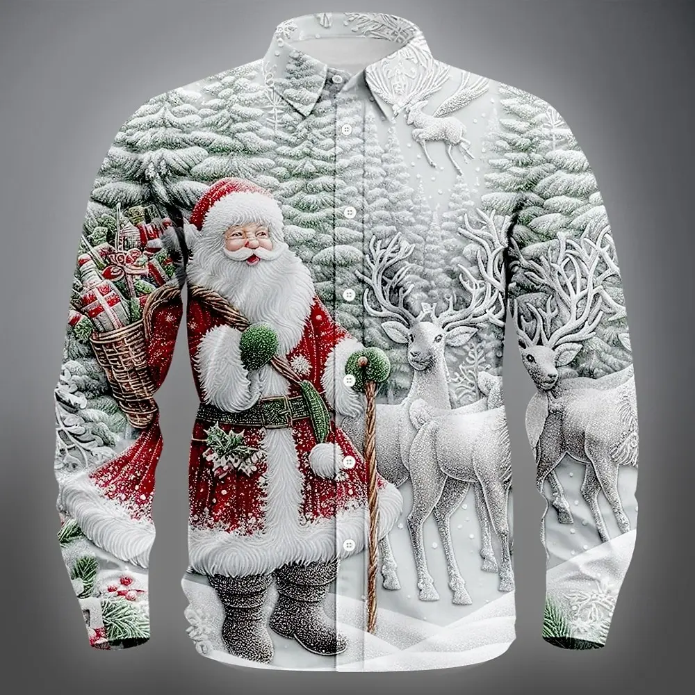 Men Turn‑Down Collar Long Sleeve Button‑Up Shirt 3D Santa Reindeer Sleigh Print Christmas Party Top