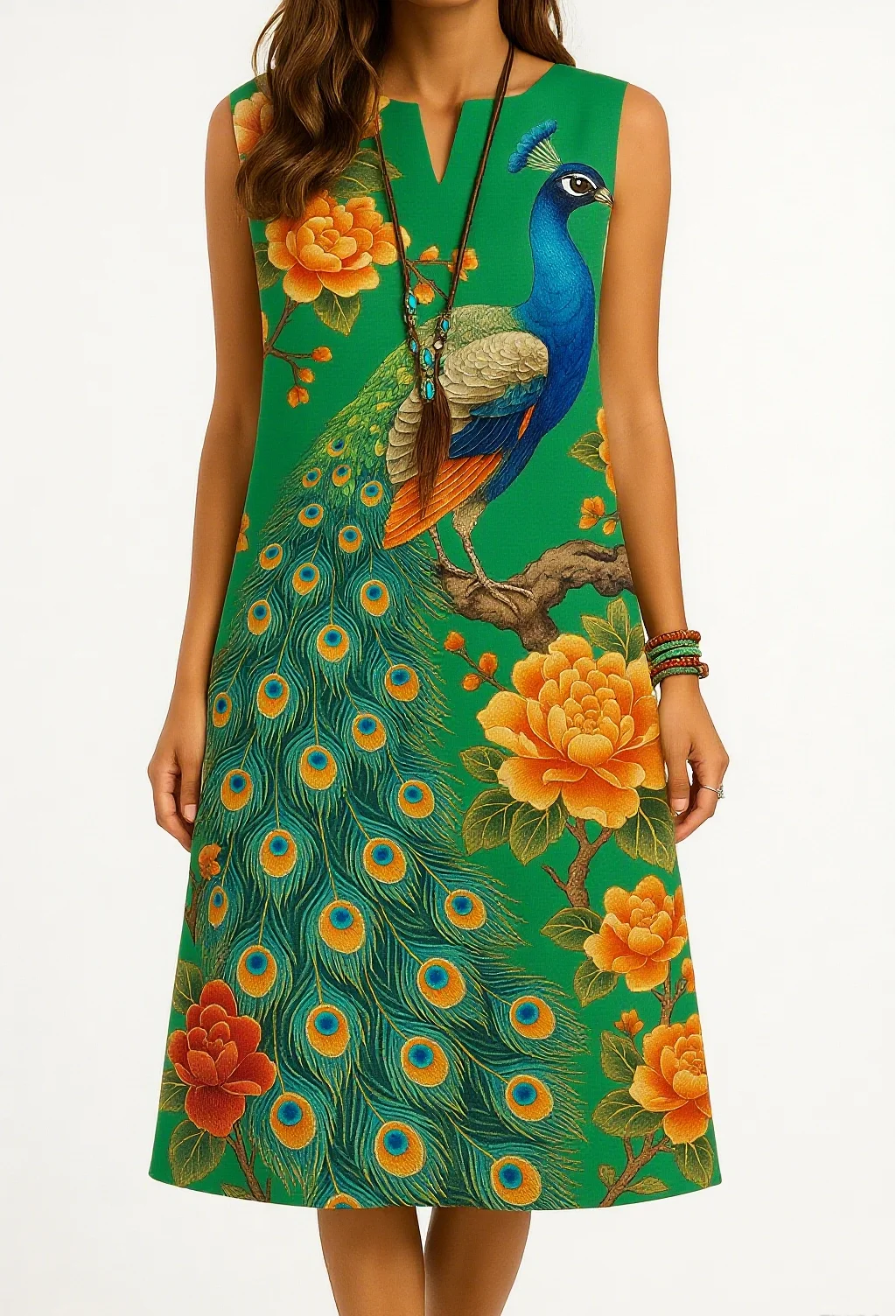 2026 Dress kurt women's fashionable and elegant long sleeved straight tube casual V-neck peacock pattern noble skirt