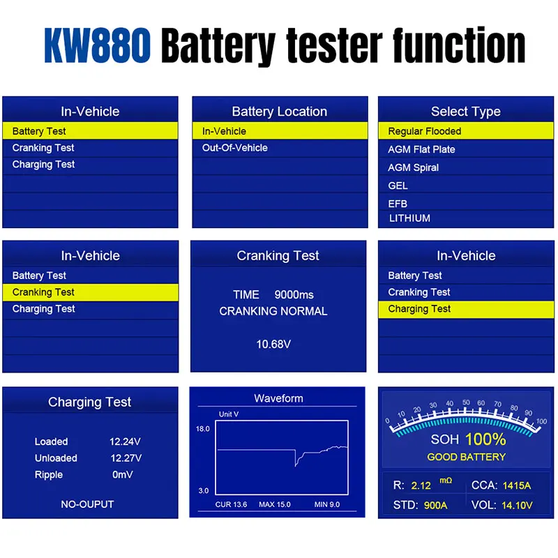 KONNWEI KW880 Auto Diagnostic Tools 12V Car OBD2 Battery Tester Analyzer Battery Match 3 in 1 Car Scanner Full OBD2 Function