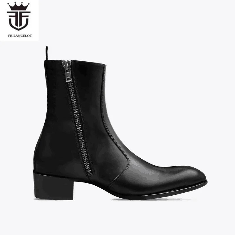 

FR.LANCELOT 2024 fashion Black Leather Chelsea Boots British Men Suede leather Boots men's booties Side Metal Zip knight shoes