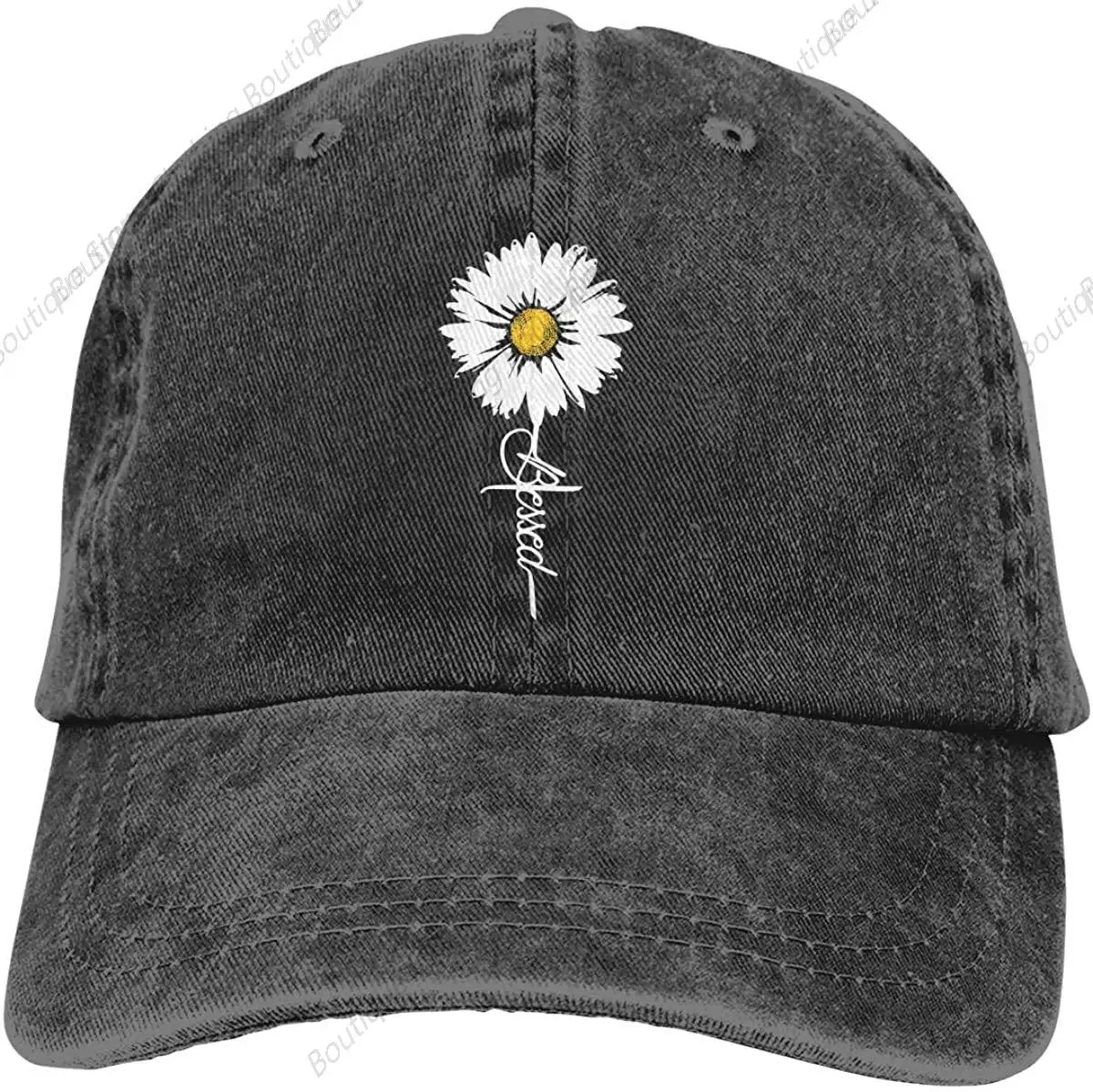 

Girls' Adjustable Daisy Blessed Hat Faith Vintage Washed Baseball Cap Black