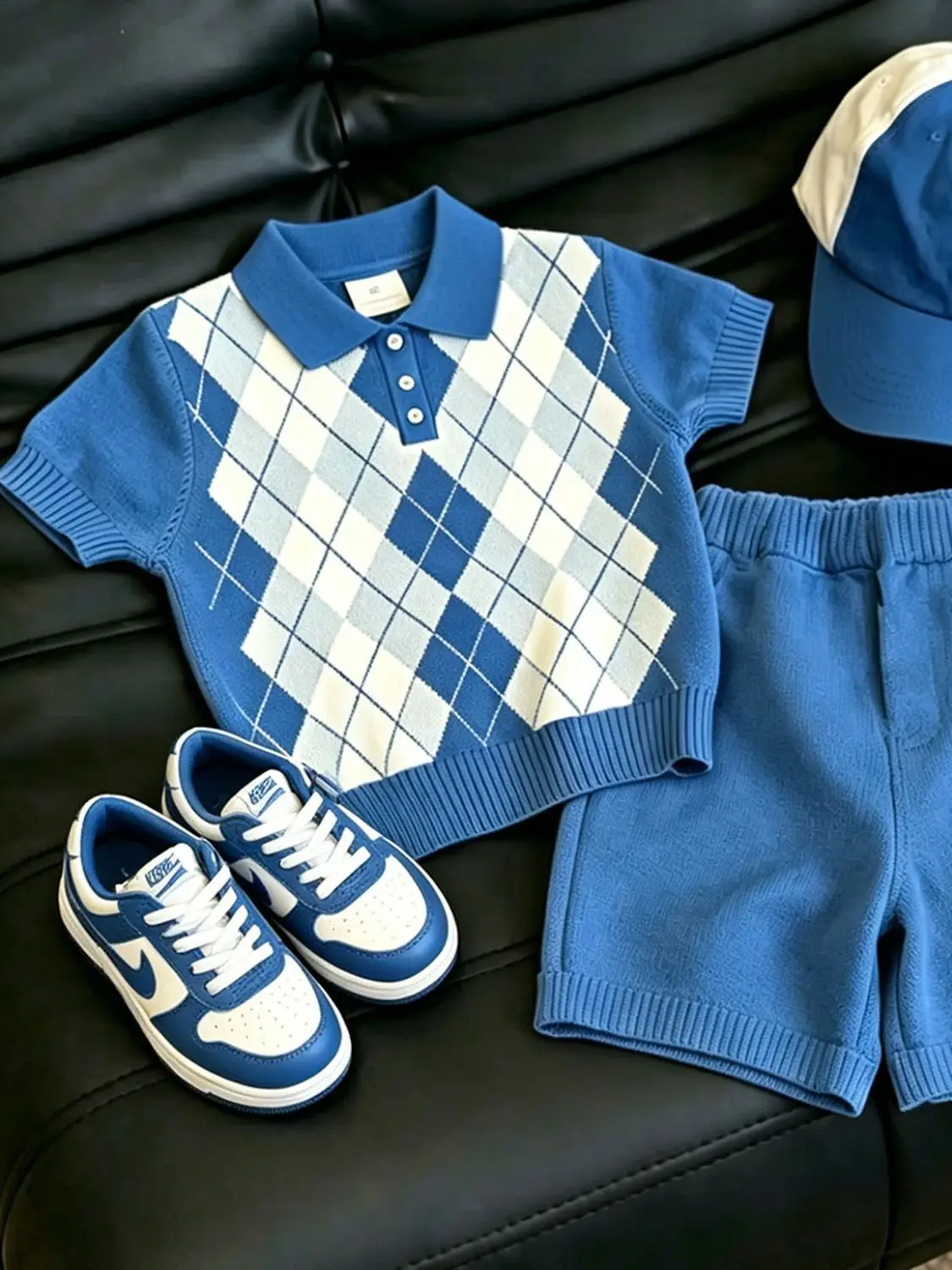 Fashion Boys Summer Outfit Set New Blue Diamond Quilted Polo Short Sleeve Knit Top Casual Shorts 2-Piece Clothing