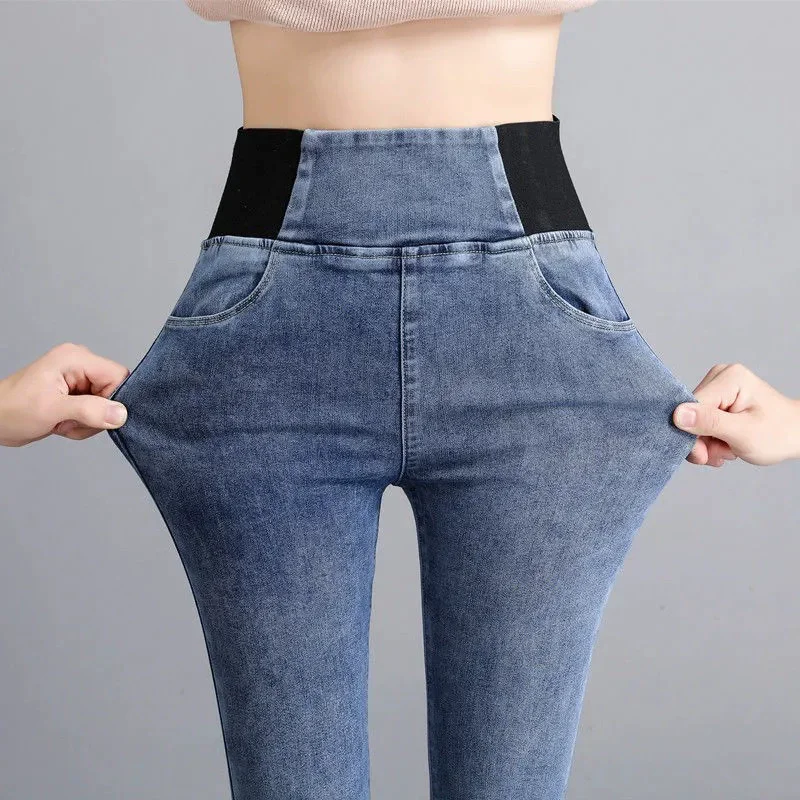 

High Waisted Elastic Slim Fit Plus Large Size Autumn Winter New Style With Fleece Jeans For Women PY26005