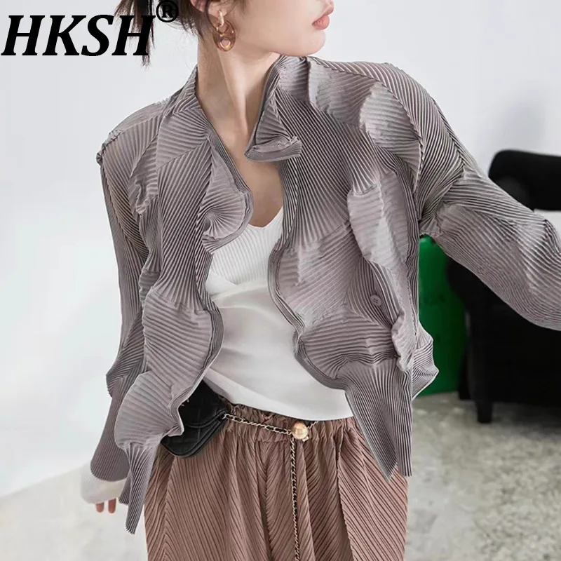 

HKSH Summer New Women Chic Jacket Irregular Pleated High-End Niche Design Long Sleeved Elegant High Street Cardigan Coat HK11599