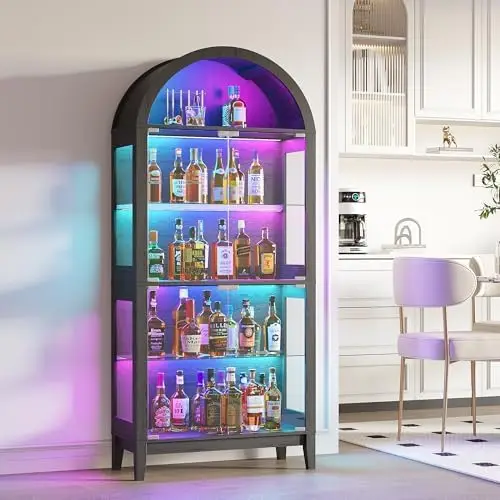 Lighted Display Case with Glass Door,5-Tier Arched Glass Display Cabinet with RGB Lights App Control for Collectibles