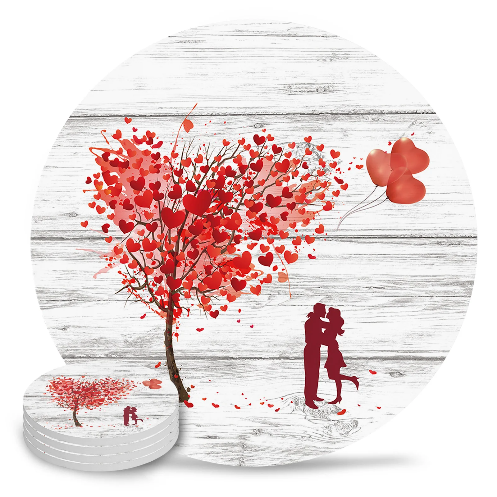 Valentine'S Day Love Tree Balloon Couple Ceramic Coaster Set Coffee Tea Cup Coasters Kitchen Accessories Round Placemat