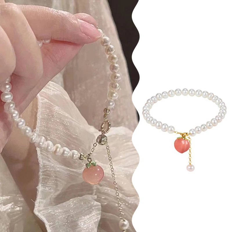 1pc Trendy Peach Charm Natural Freshwater Pearl Ladies Bracelet Ins Style Sweet Fresh Fashion Hand Jewelry Accessories