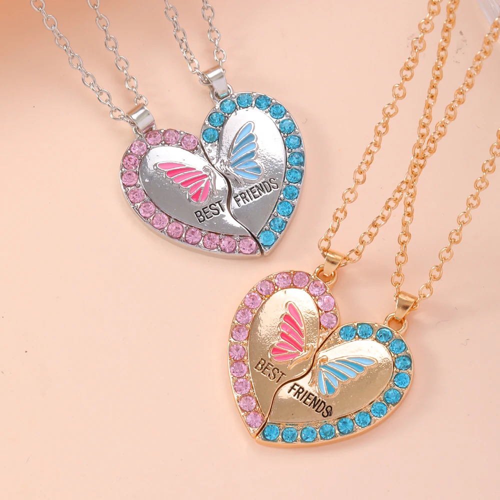 Two Tones Rhinestone Paving Heart Butterfly Puzzle Neckacle Set For 2 Best Friends Choker For Friendship Bestie Birthday Gift